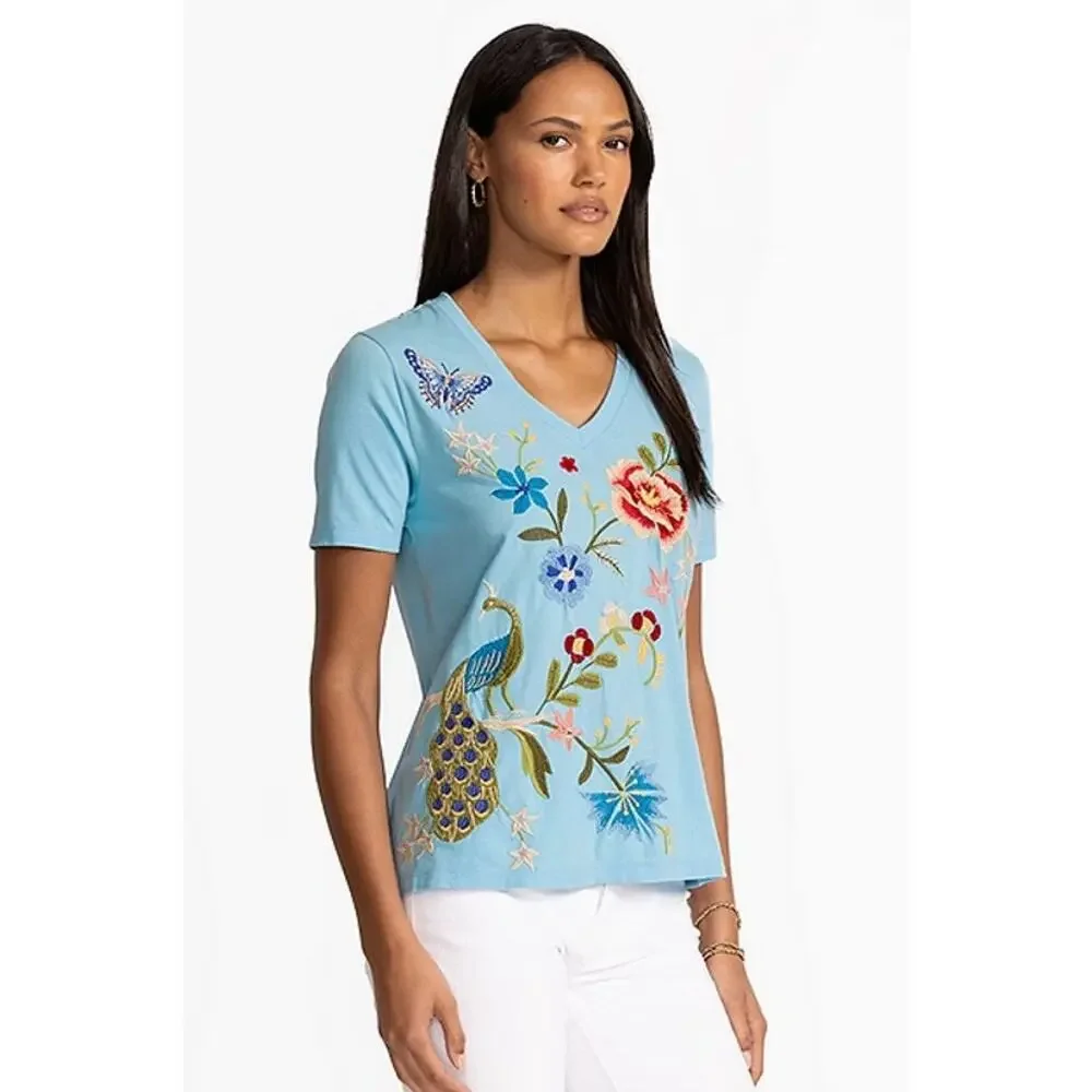 Johnny Was Floral Embroidered V-Neck Short Sleeve Tee Blue Size Medium - Picture 1 of 6